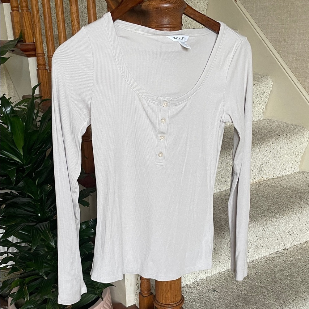 Athleta Light Taupe Scoop-Neck Henley Long Sleeve